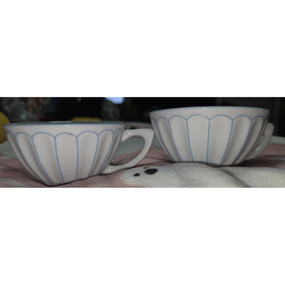 Harbor East 2 Tea Coffee Cups White with Blue Stripes "Let Us Entertain You"